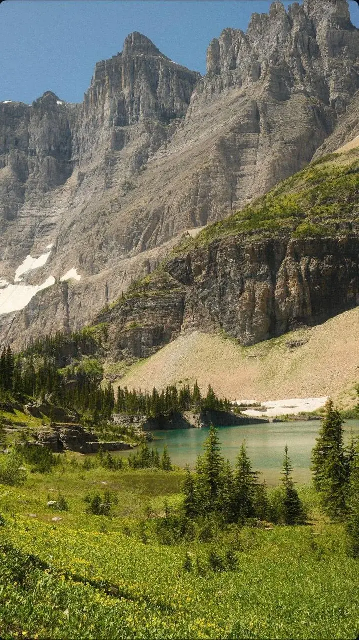 An alpine lake surrounded by green meadows, evergreen trees, and towering rocky cliffs