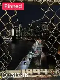 Pinned TikTok preview of the Manhattan Bridge through a fence with 317.4K views