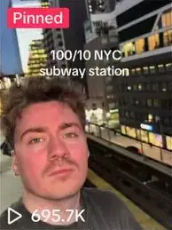 Pinned TikTok preview of Victor at a NYC subway station with 695.7K views